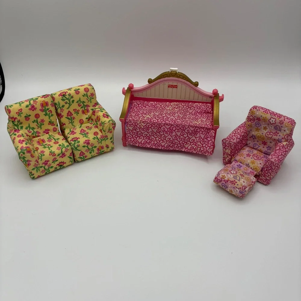 Fisher Price Loving Family Dollhouse Furniture Bed Couch Pink Yellow Floral 2006